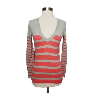 J. Crew XXS Double Stripe Coral & Grey V Neck Cotton Sweater
